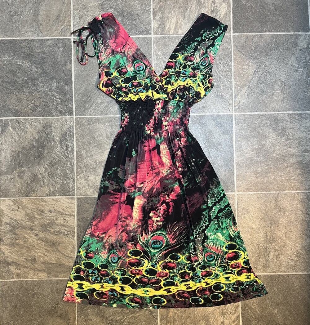 Julia Silk Blend Dress Women M Peacock Print Smocked Waist DeepV Neck Boho Y2K